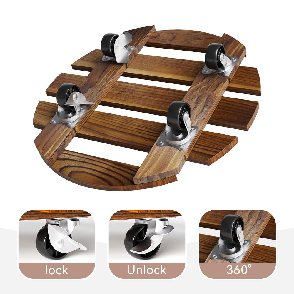 Durable wood plant caddy with wheels for easy mobility, featuring high-quality finish. Available at Curat Cart.