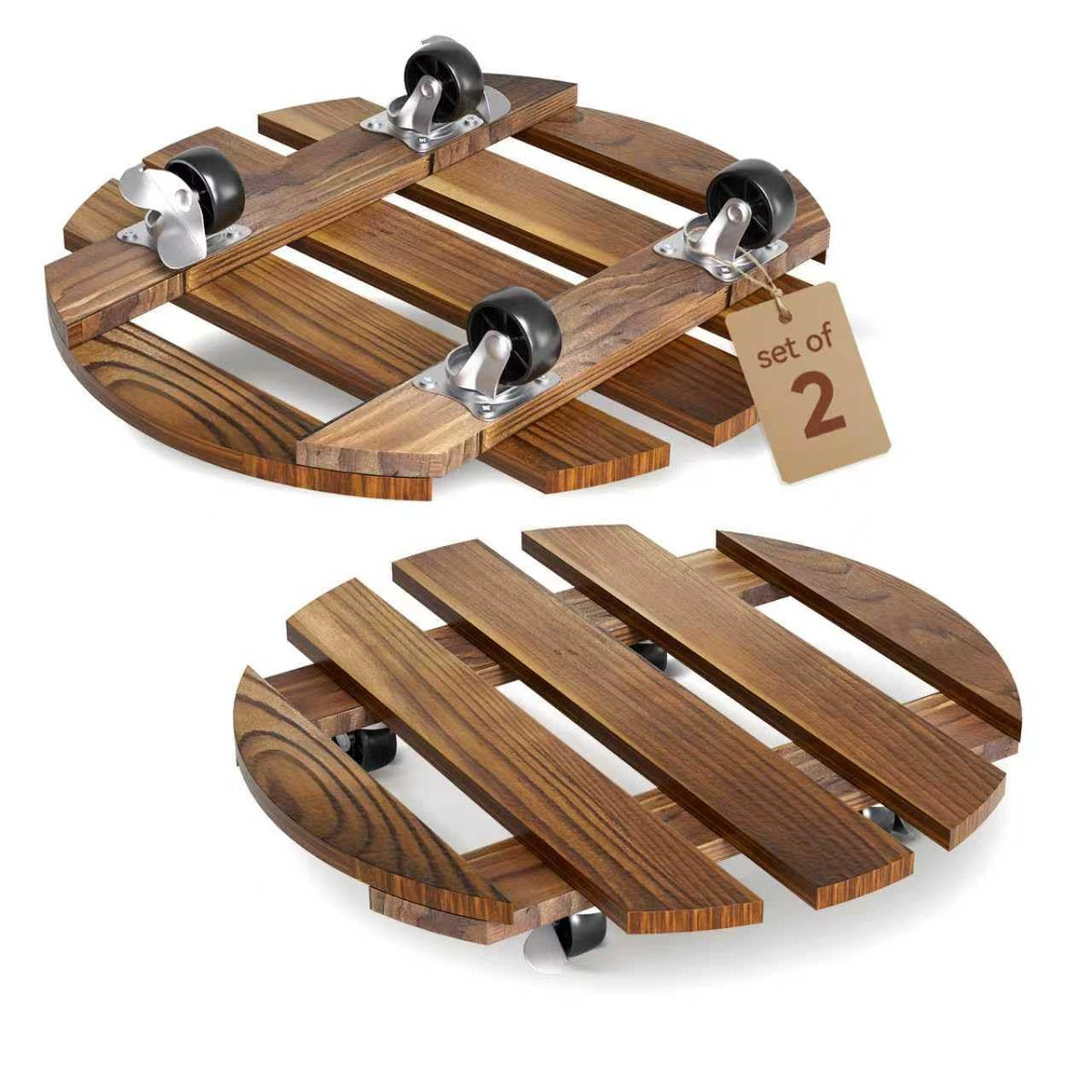 Premium imported Wood Plant Caddy with Wheels, perfect for easy mobility. Set of 2 for stylish plant display at Curat Cart.