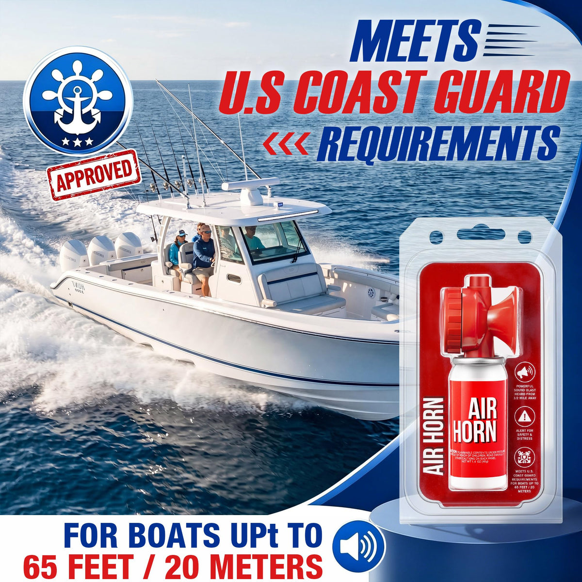 High-quality air horn in official packaging, approved for boats up to 65 feet, available at Curat Cart for safety needs.