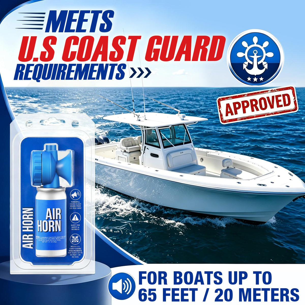 Premium Air Horn Mini 2 Pack in official packaging meets U.S. Coast Guard requirements for boats up to 65 feet. Available at Curat Cart.