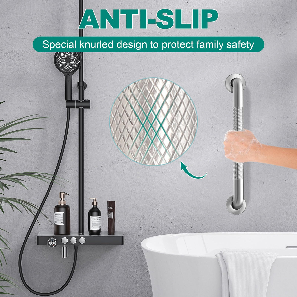 Safety grab bars for bathroom, specially curated by Curat Cart, featuring anti-slip design for family safety and security.