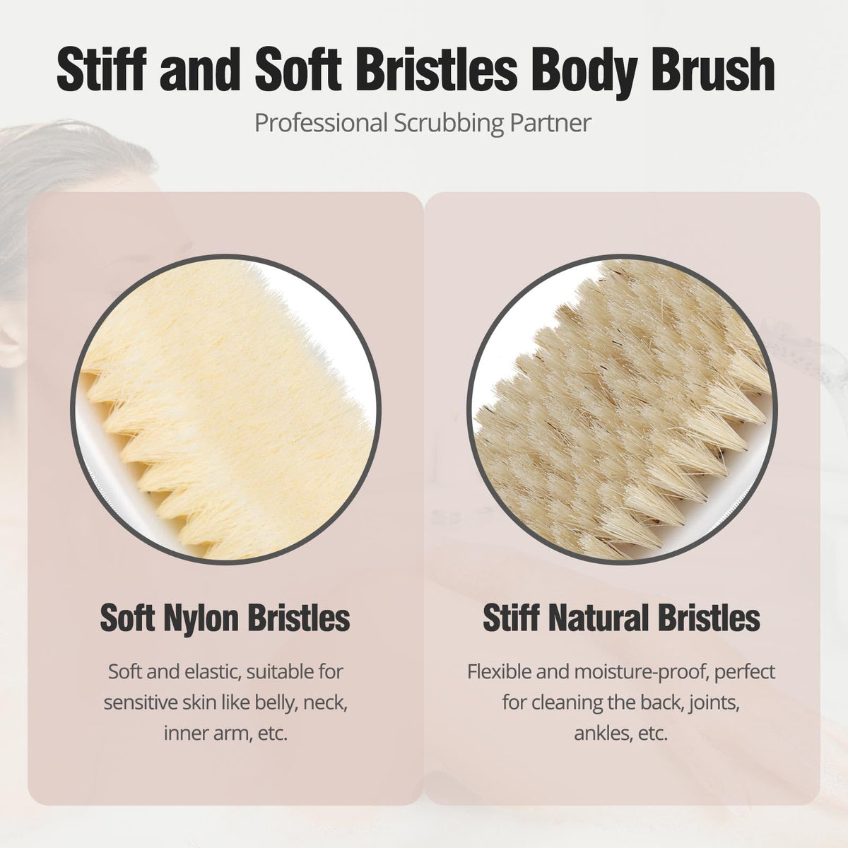 Discover the Dry Brushing Body Brush with soft nylon and stiff natural bristles, specially curated by Curat Cart for luxurious skincare.