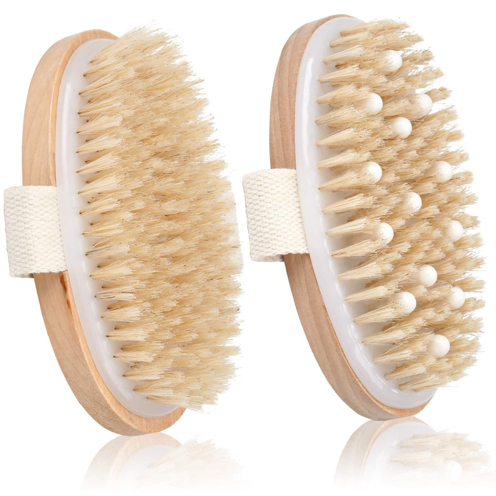 Authentic 2 pack of natural dry brushing body brushes featuring soft bristles for effective skin exfoliation and rejuvenation.