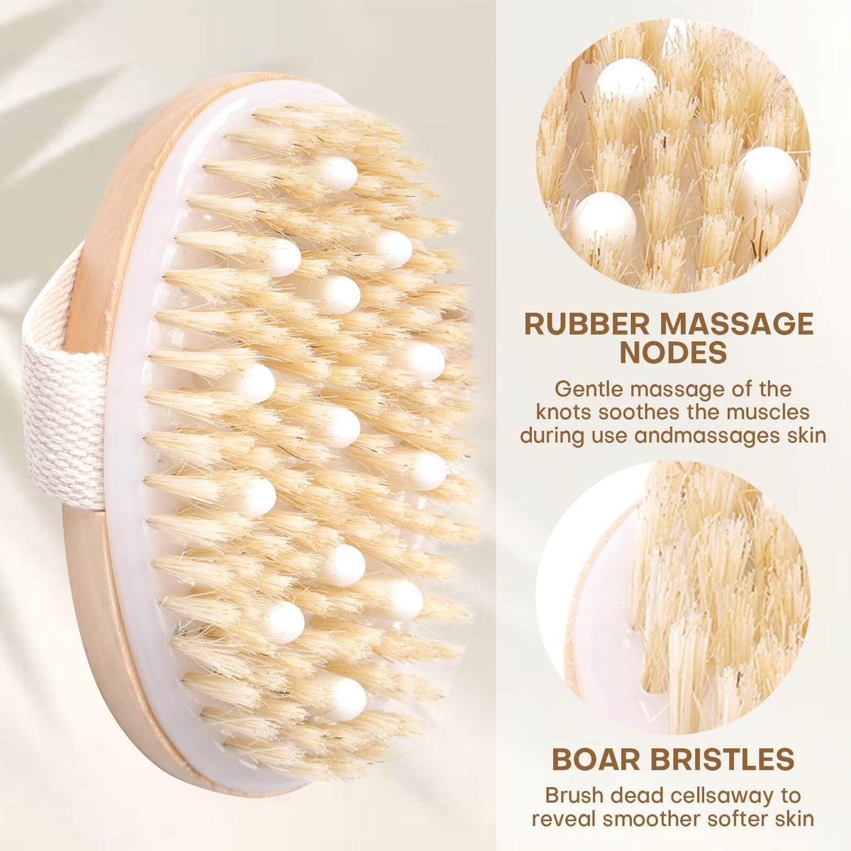 Two natural body brushes with boar bristles and rubber massage nodes for effective dry brushing and smoother skin.