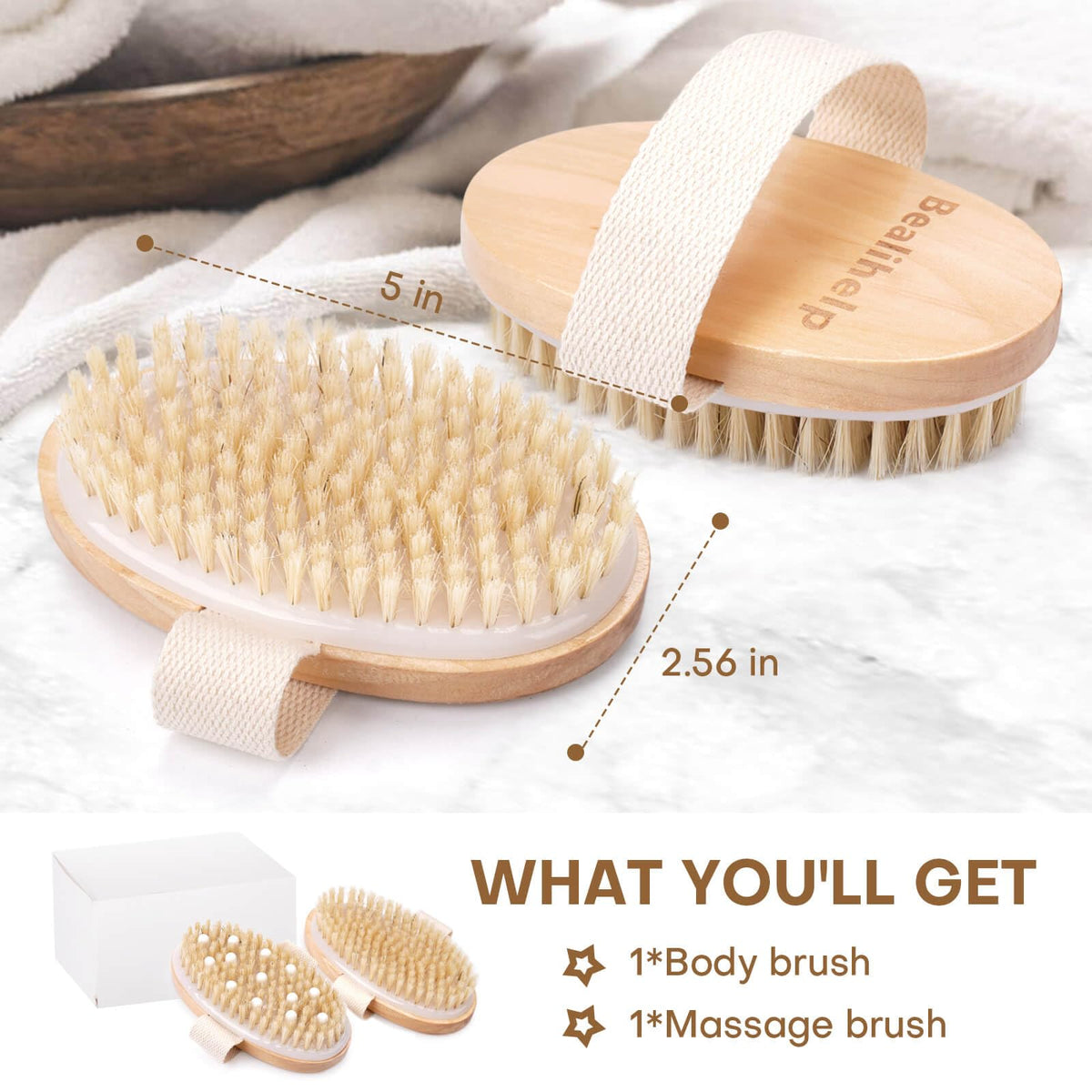 2 Pack of natural dry brushing body brushes, including a body and massage brush. Order online for enhanced skin health.