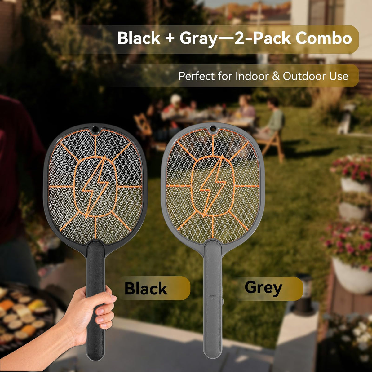 Discover the Electric Fly Swatter 2-Pack in black and gray, perfect for indoor and outdoor use, available at Curat Cart.