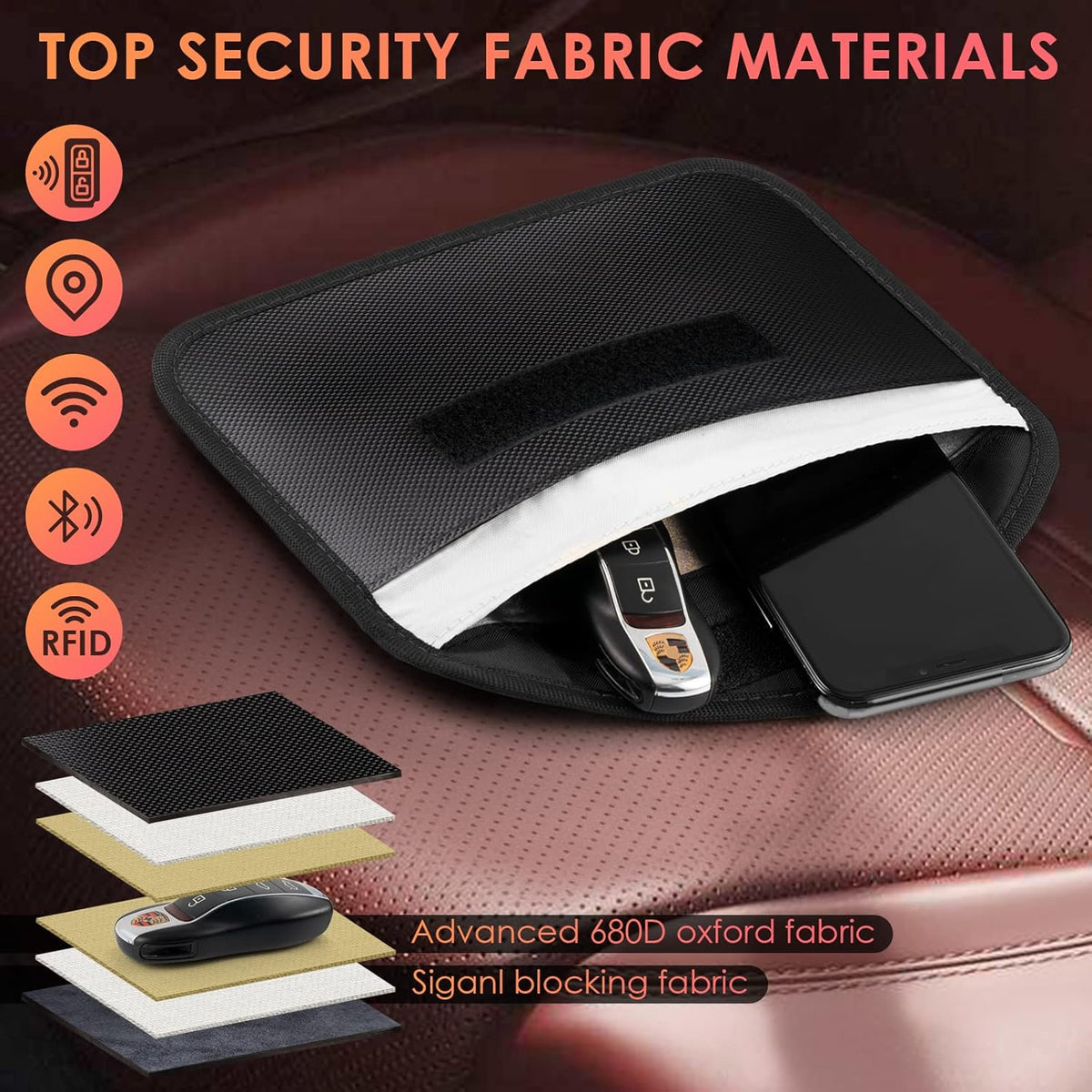 Premium imported Faraday bag made from advanced 680D oxford fabric, designed to block RFID signals for phone and keys.