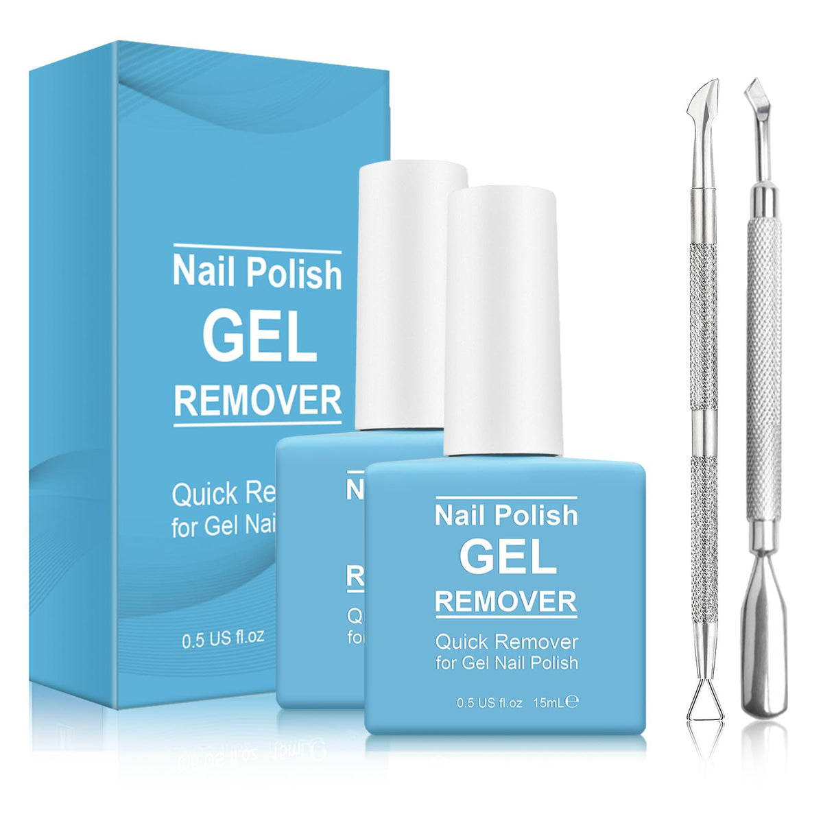 Discover genuine gel nail polish remover pack with two bottles and tools for quick and effective nail care.