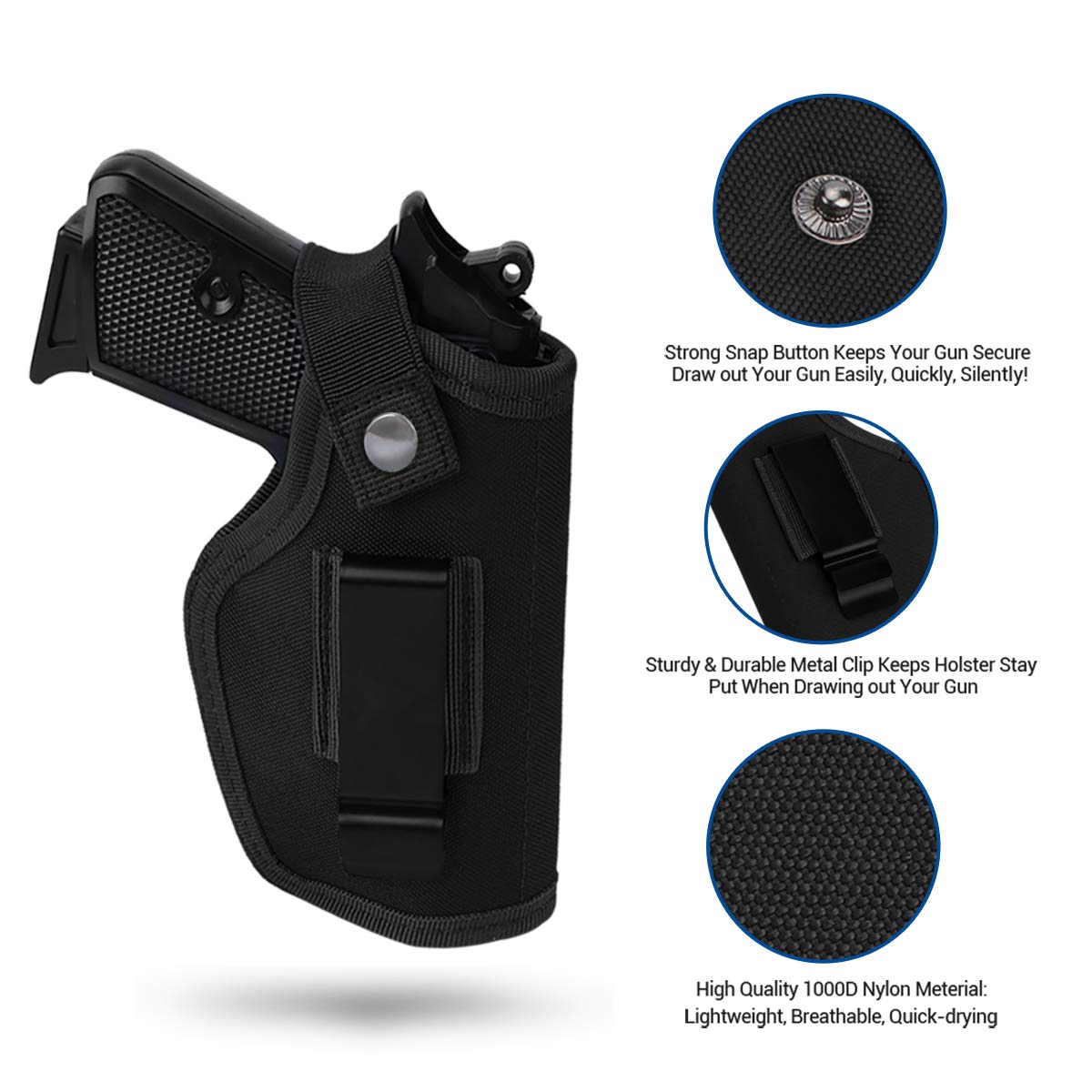 Premium gun holster for concealed carry, featuring high-quality 1000D nylon material and a sturdy metal clip. Available at Curat Cart.
