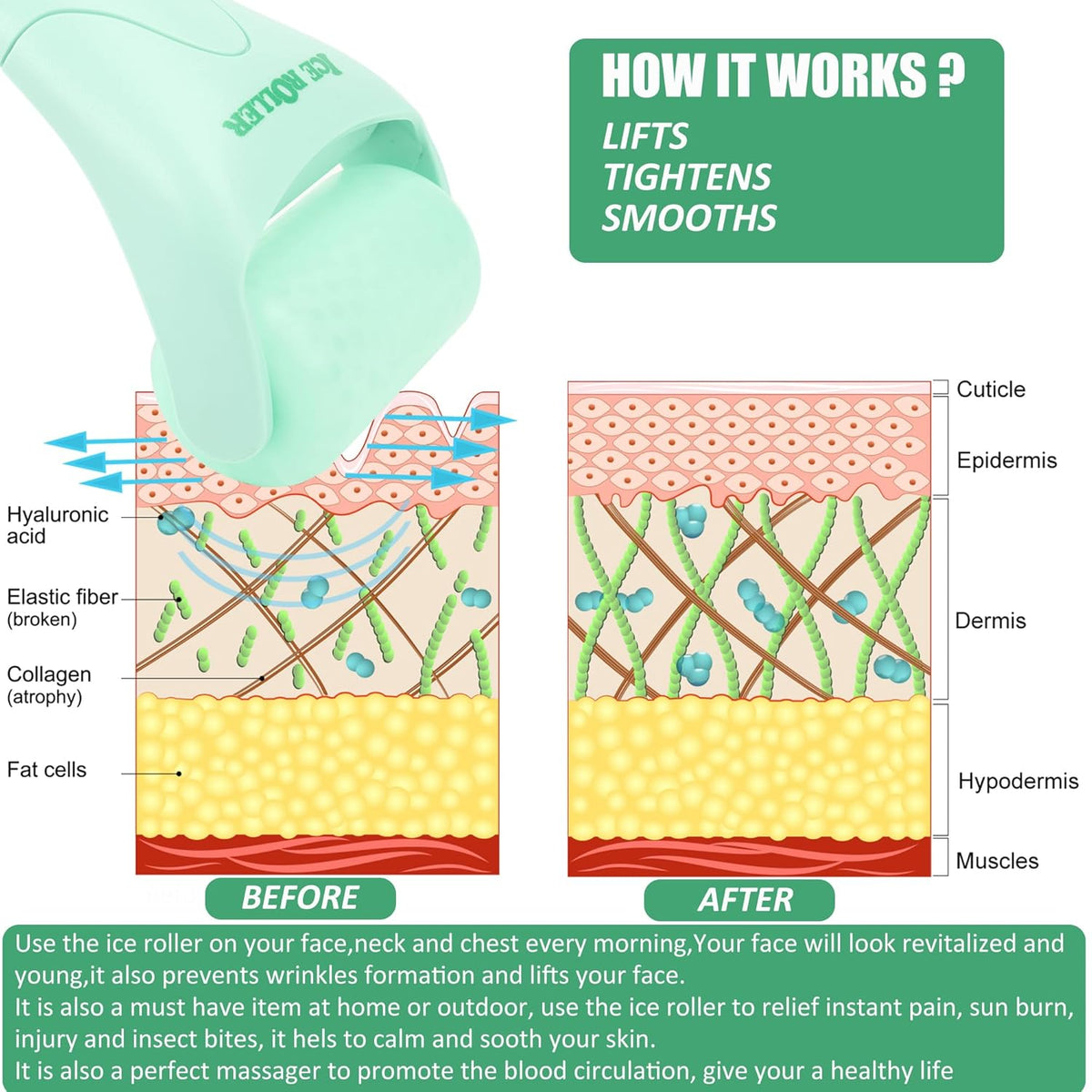 Discover the Ice Roller for Face and Body, promoting youthful skin by lifting, tightening, and smoothing. Perfect for daily use.
