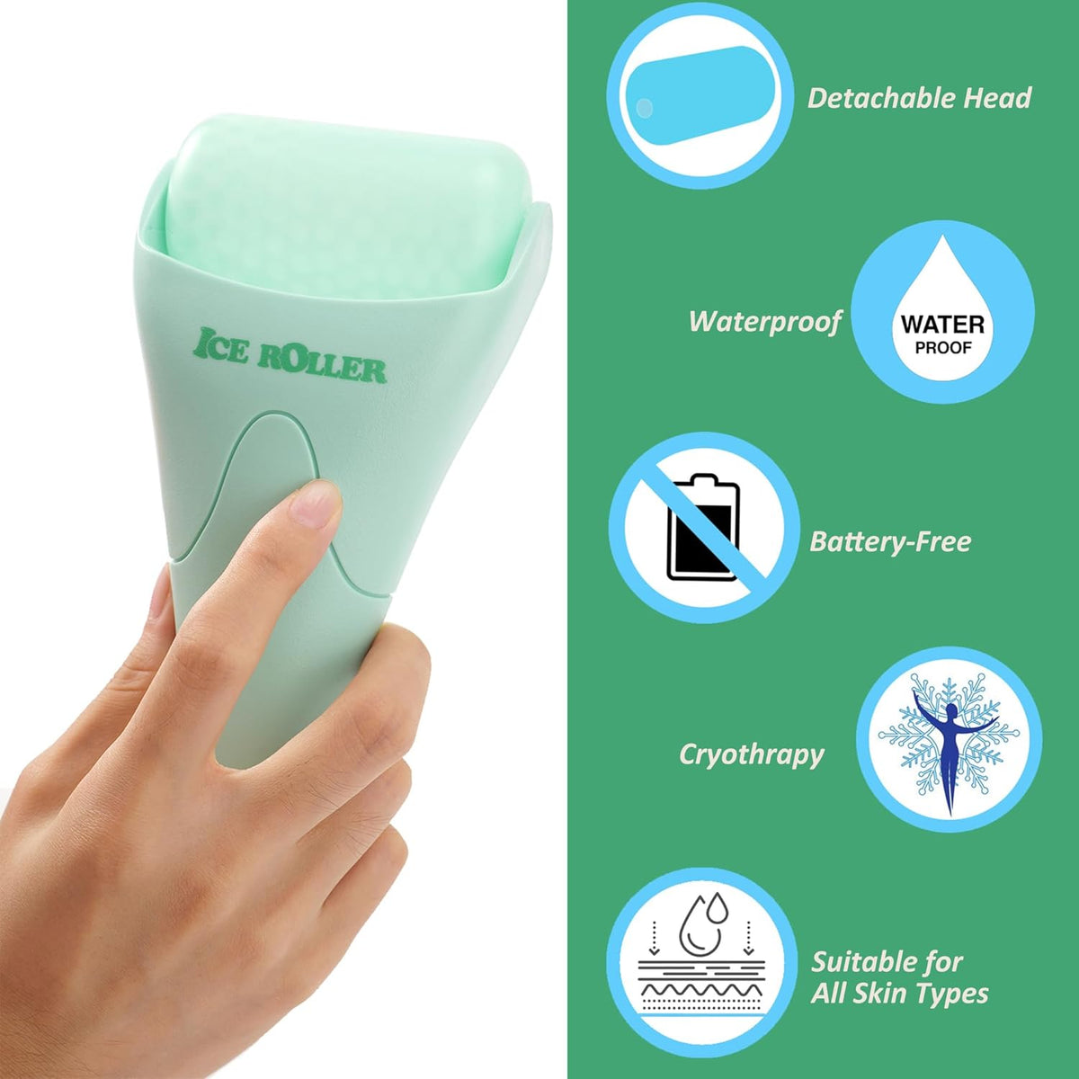 Mint green ice roller for face and body, waterproof, battery-free, and suitable for all skin types. Verified by CuratCart.