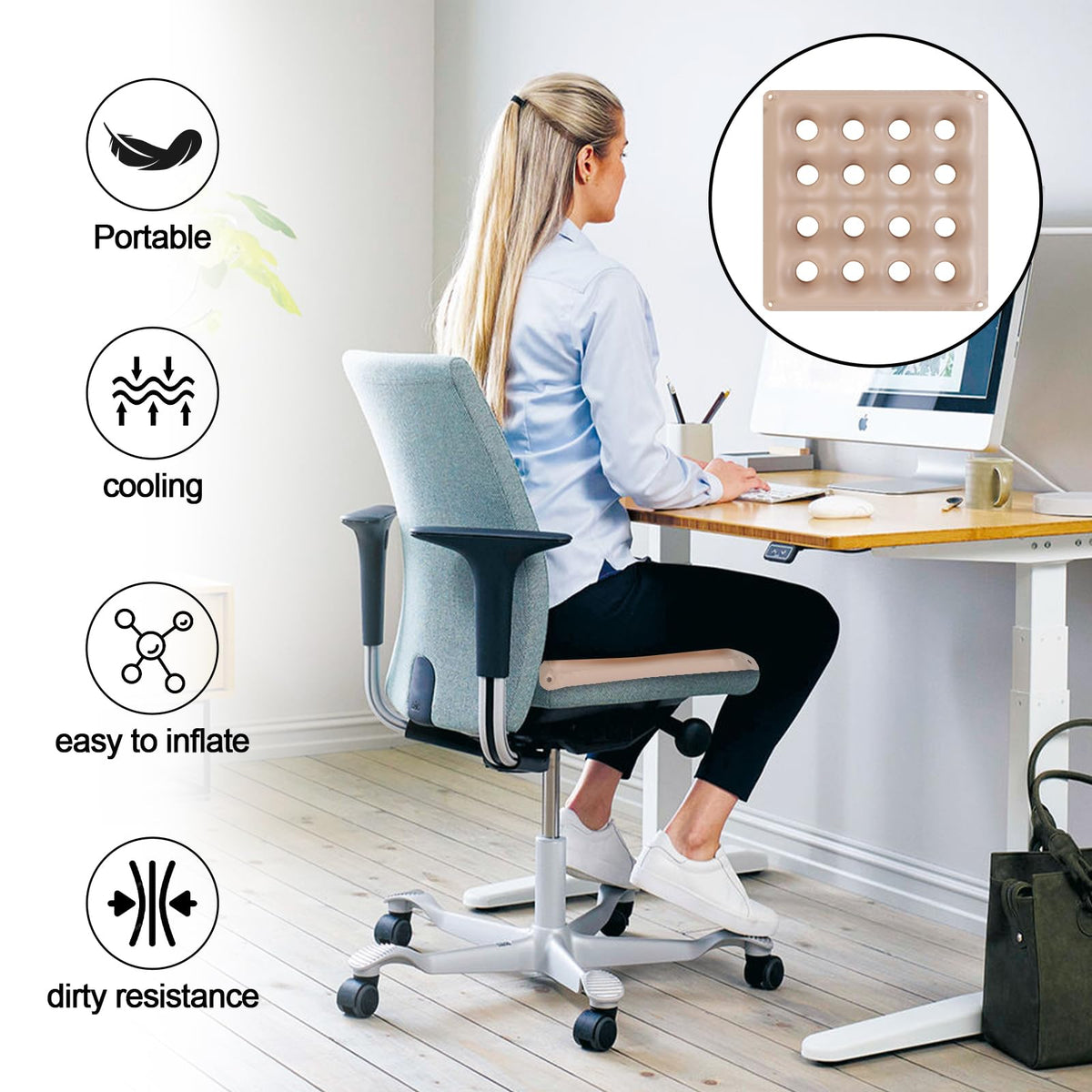 Experience premium comfort with Curat Cart's inflatable seat cushions for pressure relief, designed for easy inflation and portability.