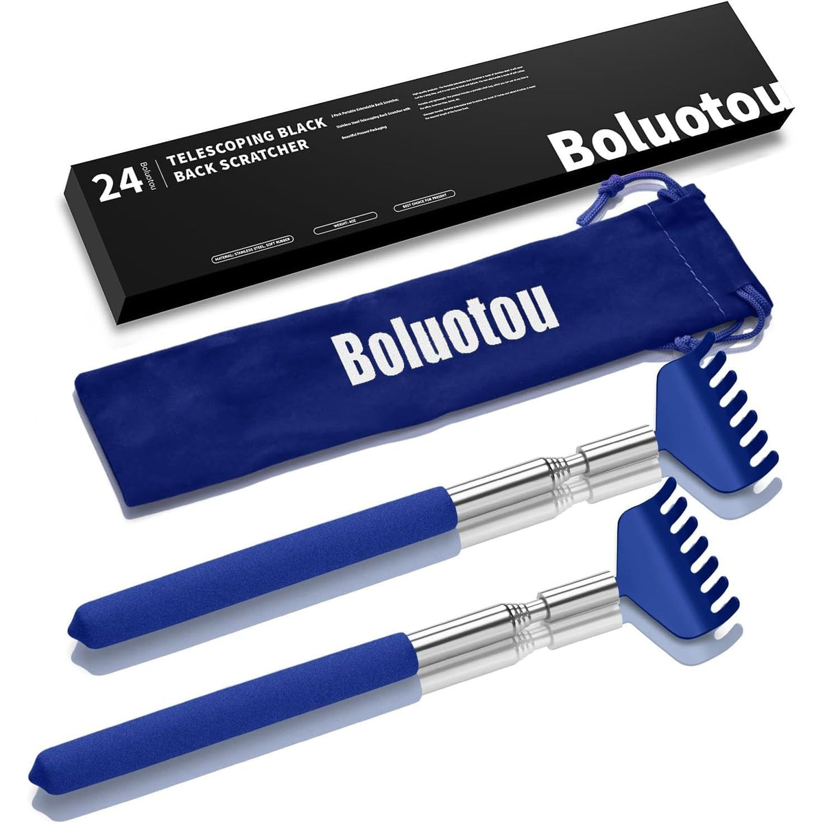 Discover the 100% genuine Boluotou telescoping black back scratcher set, featuring two extendable tools and a storage pouch.