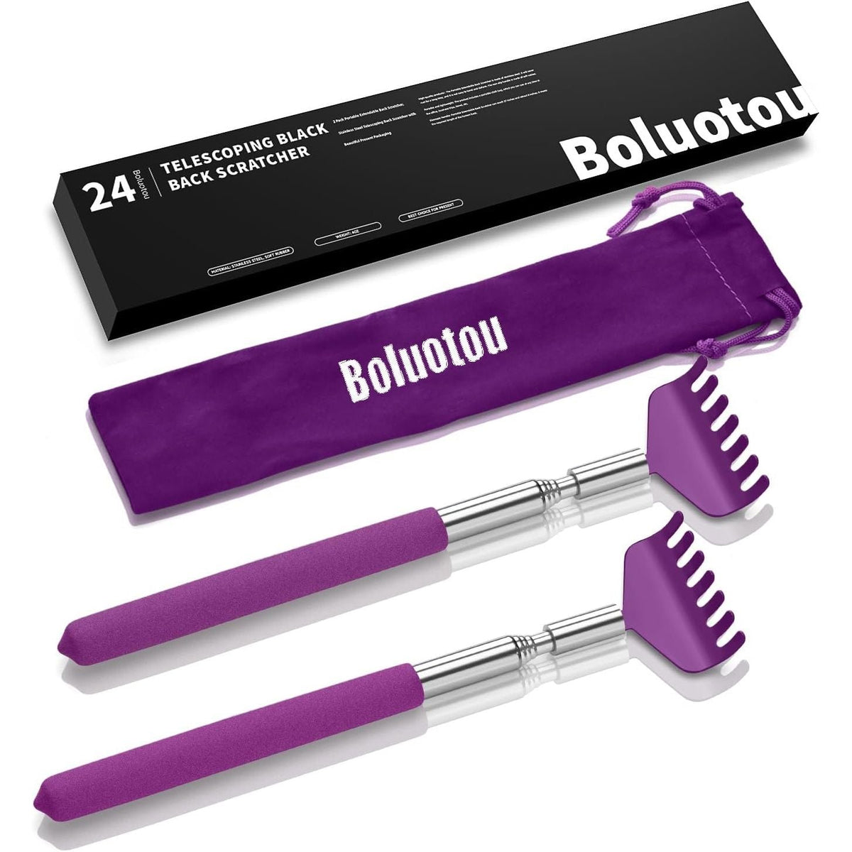 Discover the Boluotou portable extendable back scratchers, featuring sleek design and premium packaging for easy use.