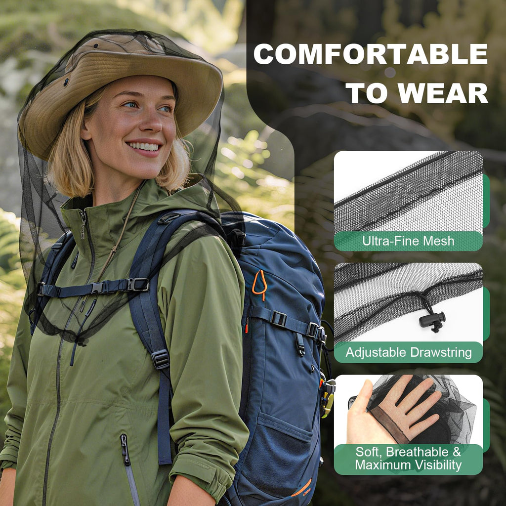 Premium Mosquito Head Nets in official packaging; ultra-fine mesh ensures comfort and maximum visibility. Available at Curat Cart.