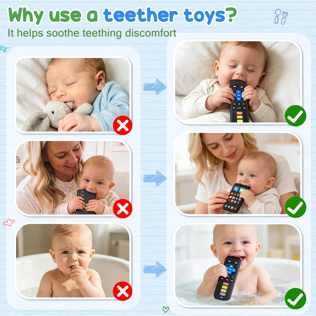 Remote Phone Teething Toys in high-quality packaging, designed to soothe discomfort for babies. Available at Curat Cart.