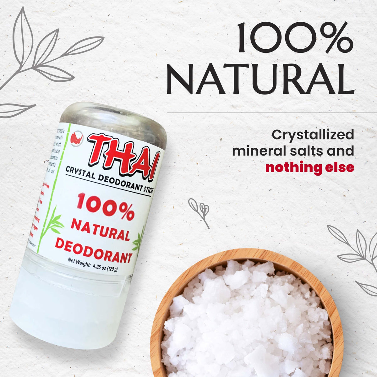 Thai Crystal Natural Deodorant Stick in official packaging, made with crystallized mineral salts for a pure, natural scent. Available at Curat Cart.