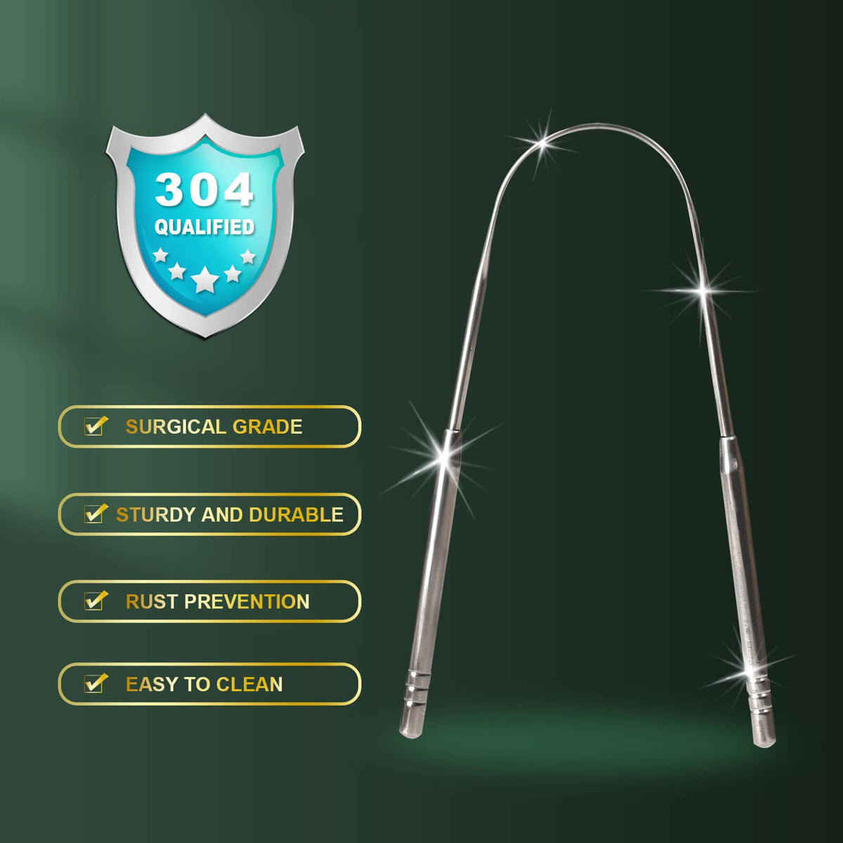 Surgical grade stainless steel tongue scraper highlighting high-quality finish and rust prevention, available at Curat Cart.