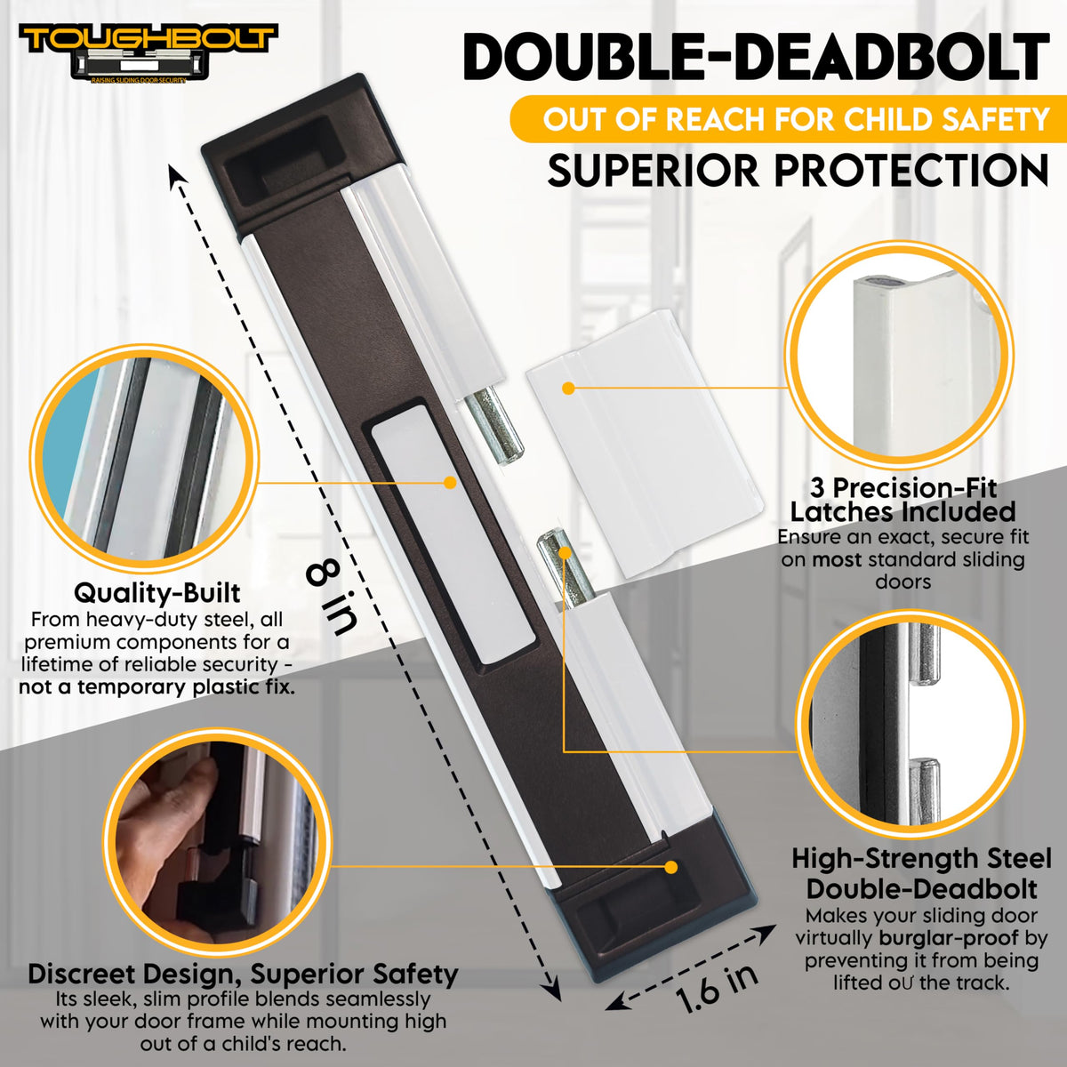 Premium imported TOUGHBOLT Double Deadbolt offers enhanced security and child safety for patio doors. Perfect for peace of mind.