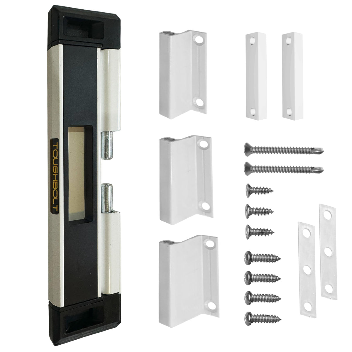 TOUGHBOLT double deadbolt patio door hardware, including bolts, brackets, and screws, in original packaging.
