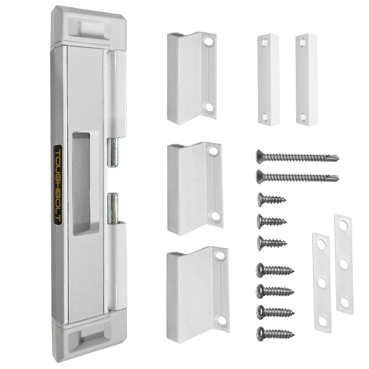 Premium imported TOUGHBOLT double deadbolt patio door lock set, including all necessary installation hardware.