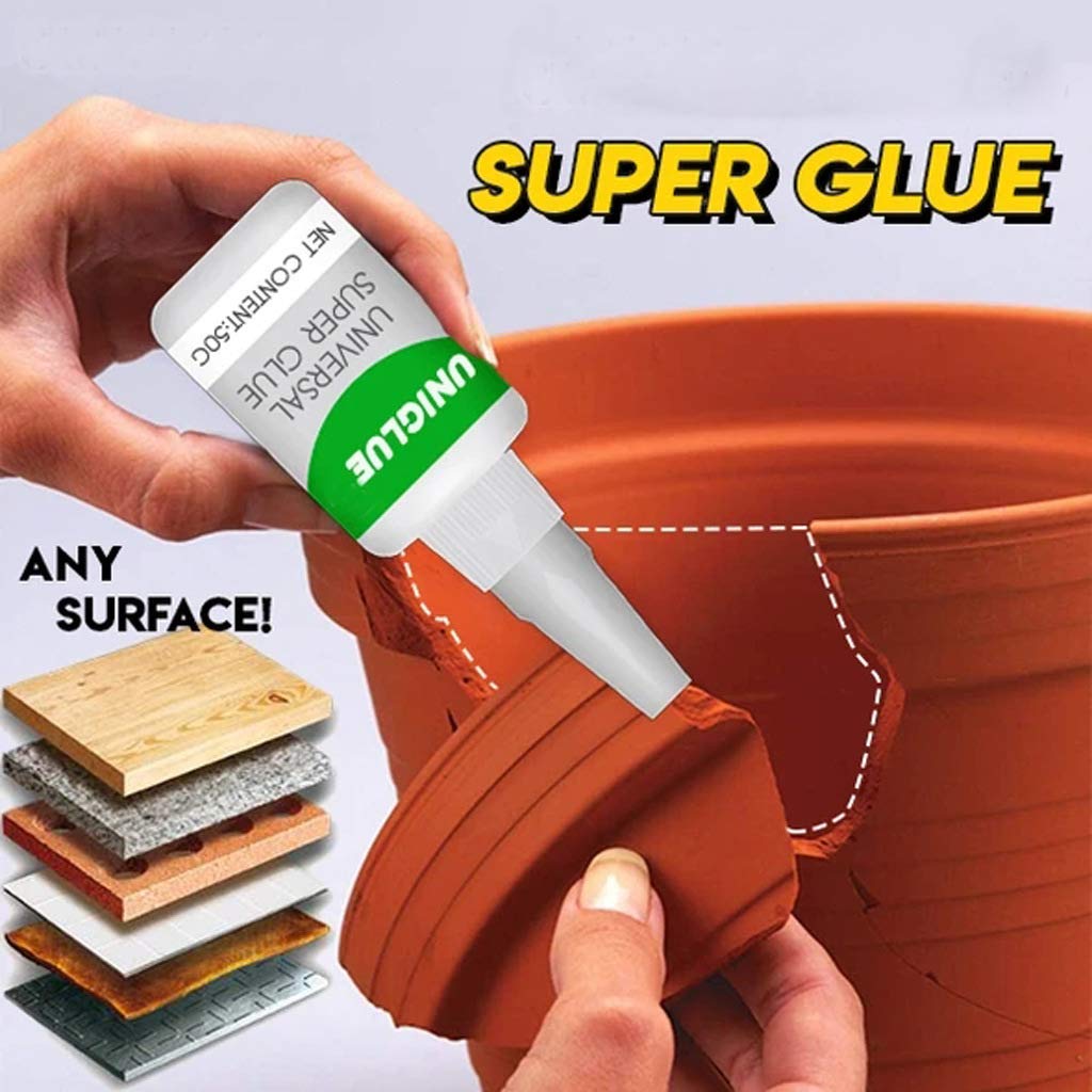 Uniglue High-Strength Oily Glue bottle shown applying on a pot. Verified by CuratCart for reliable adhesion on any surface.