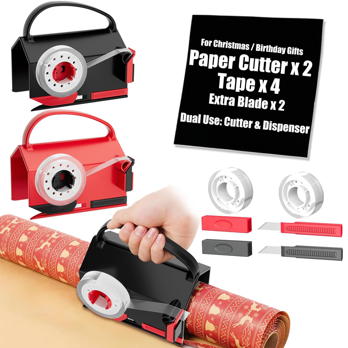 Premium imported wrapping paper cutter and tape dispenser, perfect for Christmas and birthday gifts. Available at Curat Cart.
