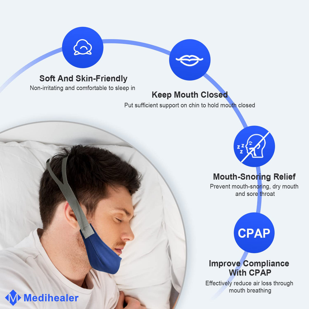 Medihealer Anti Snoring Chin Strap in high-quality packaging, designed for mouth-snoring relief and CPAP compliance. Available at Curat Cart.