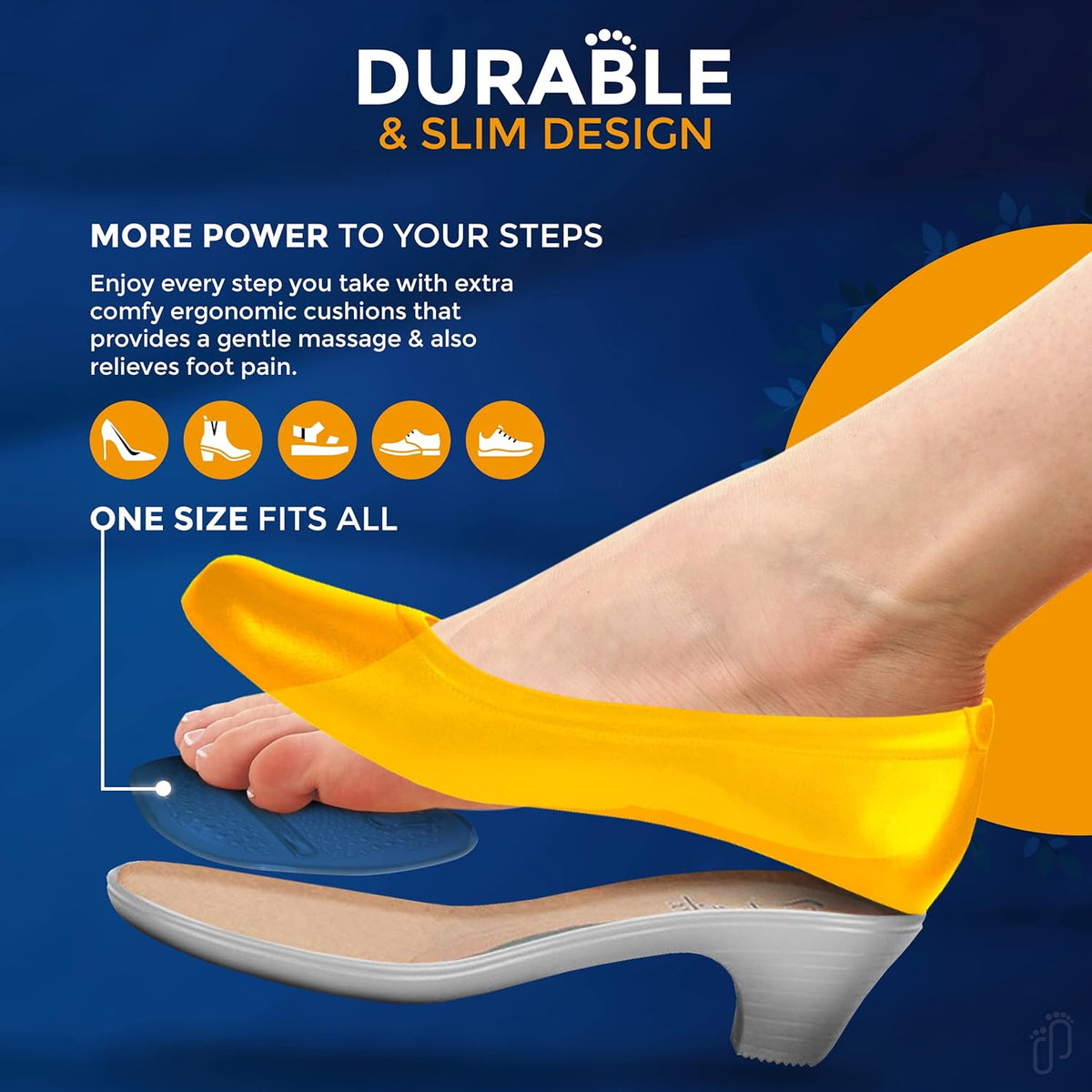 Experience comfort with durable metatarsal pads, designed to relieve foot pain and fit any shoe size effortlessly.