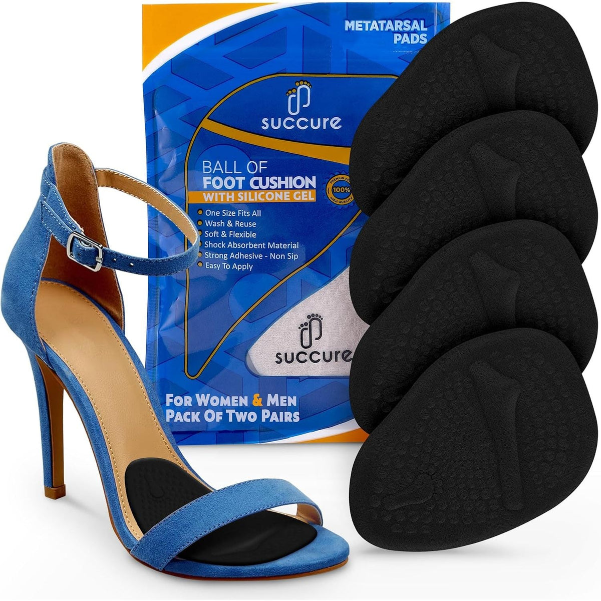 Discover comfort with Succure metatarsal pads, featuring silicone gel for ultimate cushioning in stylish footwear.