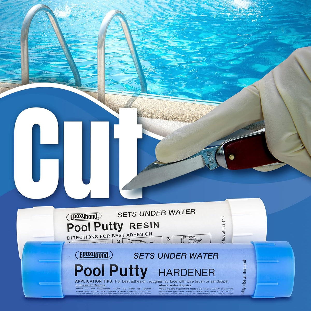Premium imported Pool Putty for underwater repairs, featuring resin and hardener for lasting results.