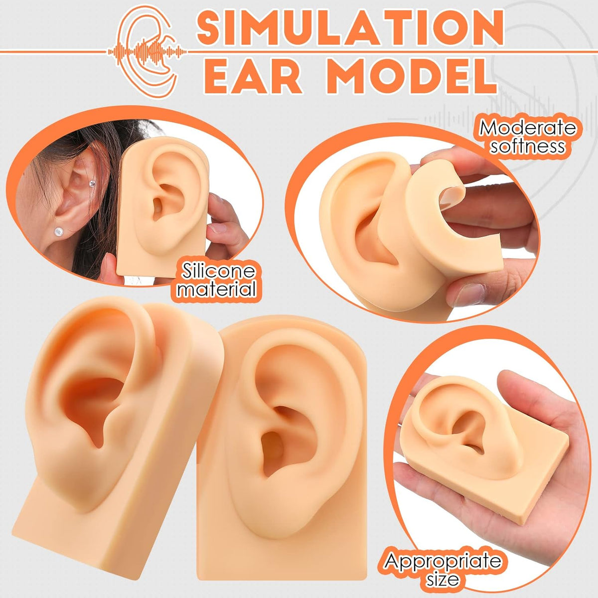 Premium imported silicone ear model, showcasing moderate softness and appropriate size for jewelry display.