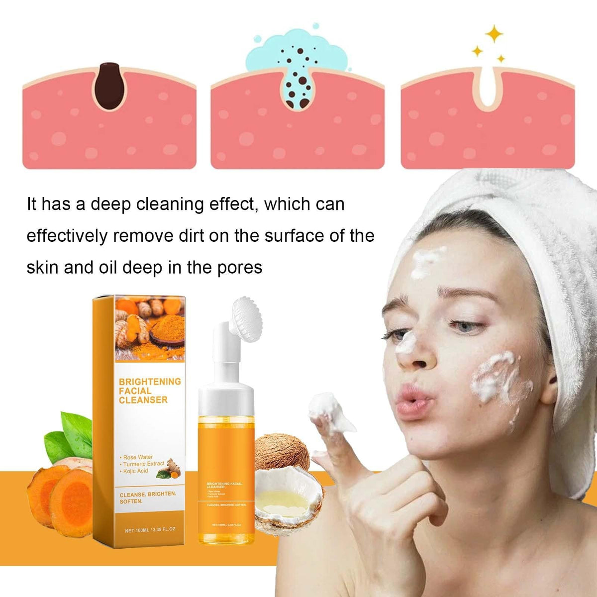 Turmeric Foaming Face Wash in high-quality packaging, brightening facial cleanser for deep cleaning pores. Available at Curat Cart.