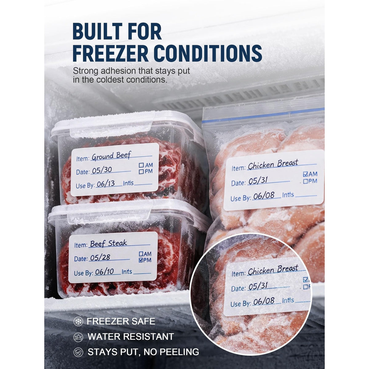 Removable Food Labels with Pen for freezer-safe organization, featuring strong adhesion and water-resistant quality. Available at Curat Cart.