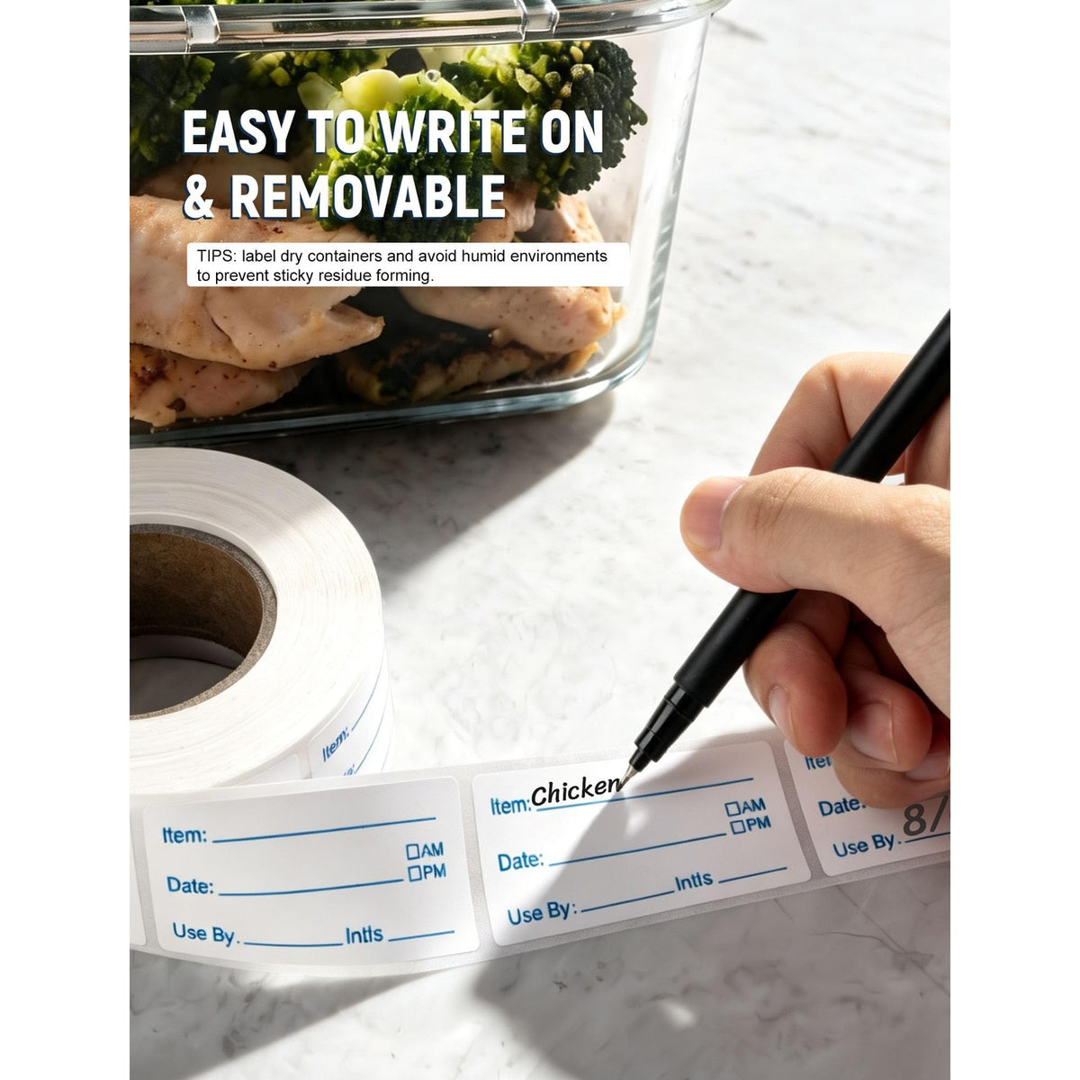 Removable food labels with pen for easy writing, perfect for organizing ingredients. Available at Curat Cart.