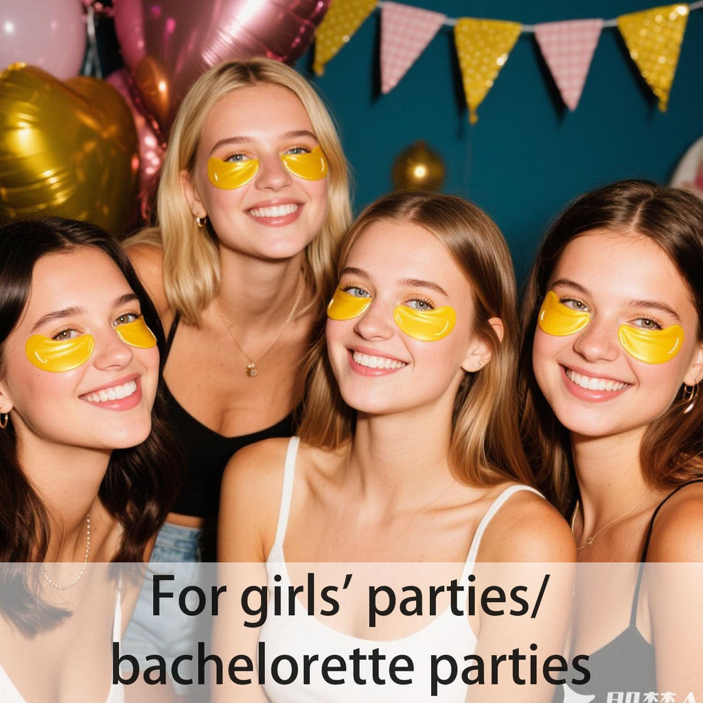 Four smiling girls wearing eye masks at a party. Perfect for bridesmaid gifts or bachelorette celebrations. Order online!