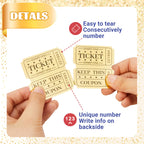 Golden Raffle Tickets Double Roll with easy-to-tear design and unique numbers on the back. Available at Curat Cart.