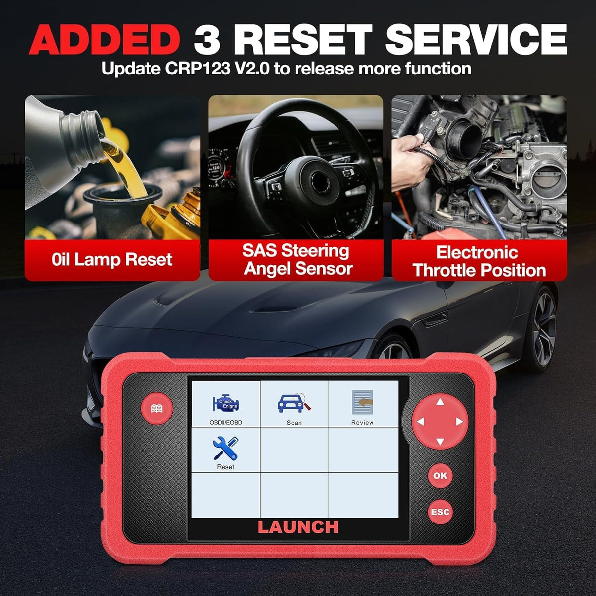 Premium imported LAUNCH CRP123 Elite OBD2 Scanner with advanced reset services for optimal vehicle performance.