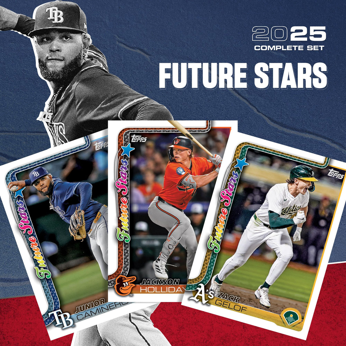 Explore the Topps Complete Sets MLB Baseball, featuring future stars like Junior Caminero, Jackson Holliday, and Zach Gelof. Perfect for collectors at Curat Cart.