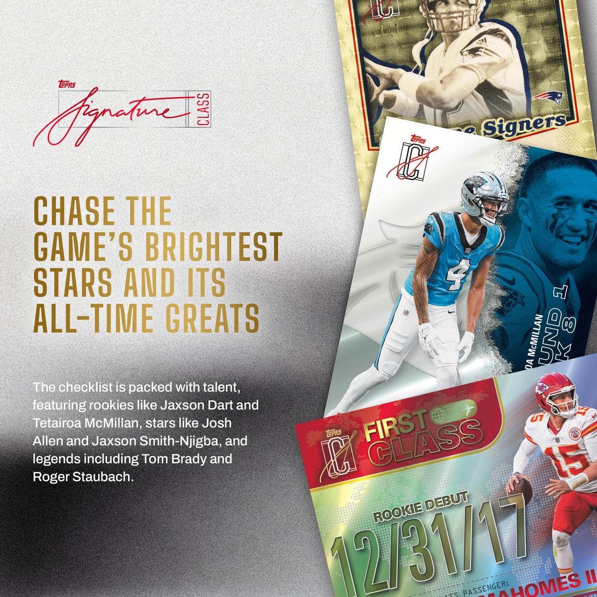 Topps NFL Signature Class Football in official packaging showcases stars like Tom Brady and rookies. Available at Curat Cart.