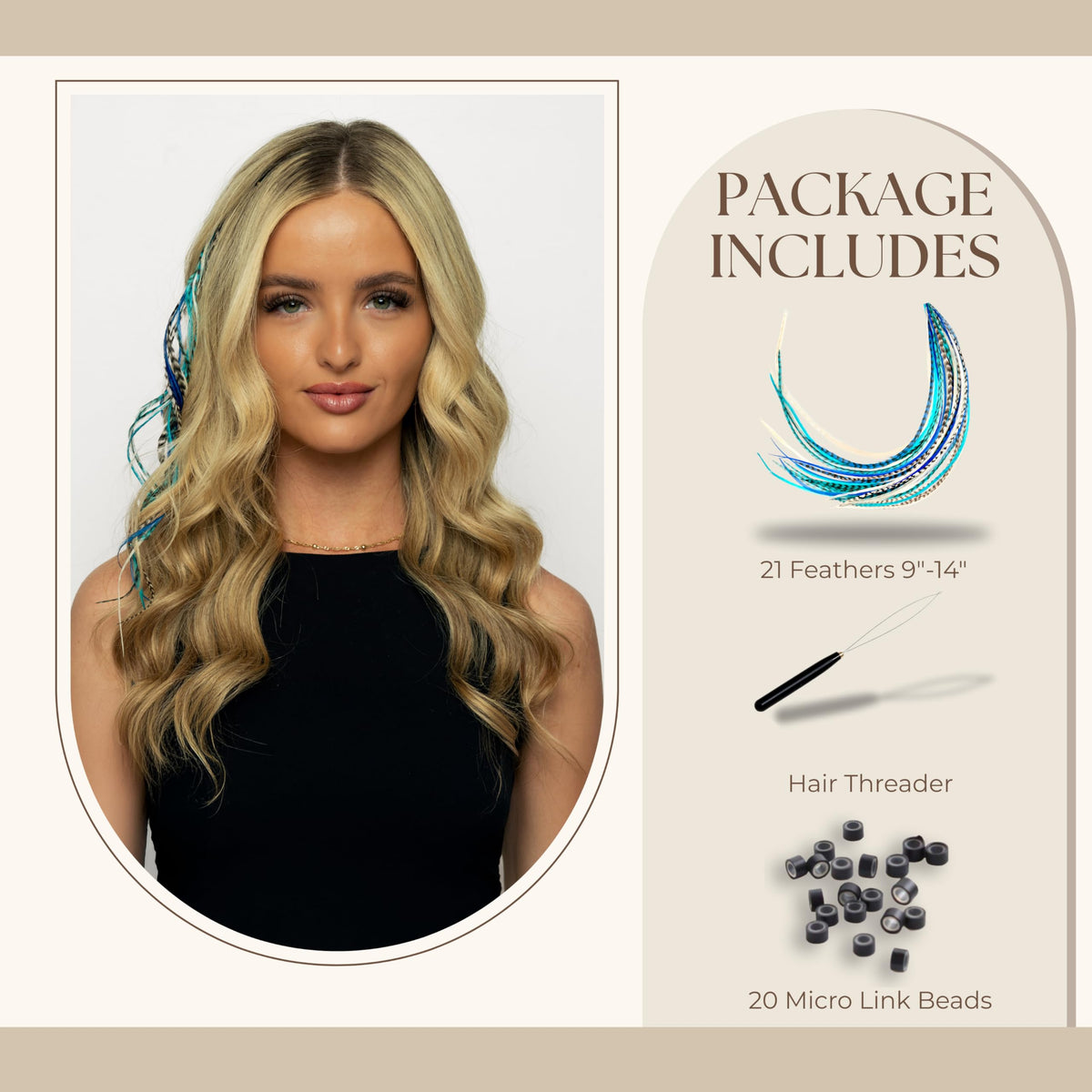 Enhance your look with 21 natural color hair extensions, 9”-14”. Includes hair threader and micro link beads. Verified by CuratCart.