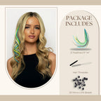 Enhance your style with 21 vibrant 9”-14” feather hair extensions. Includes hair threader and micro link beads for easy application.