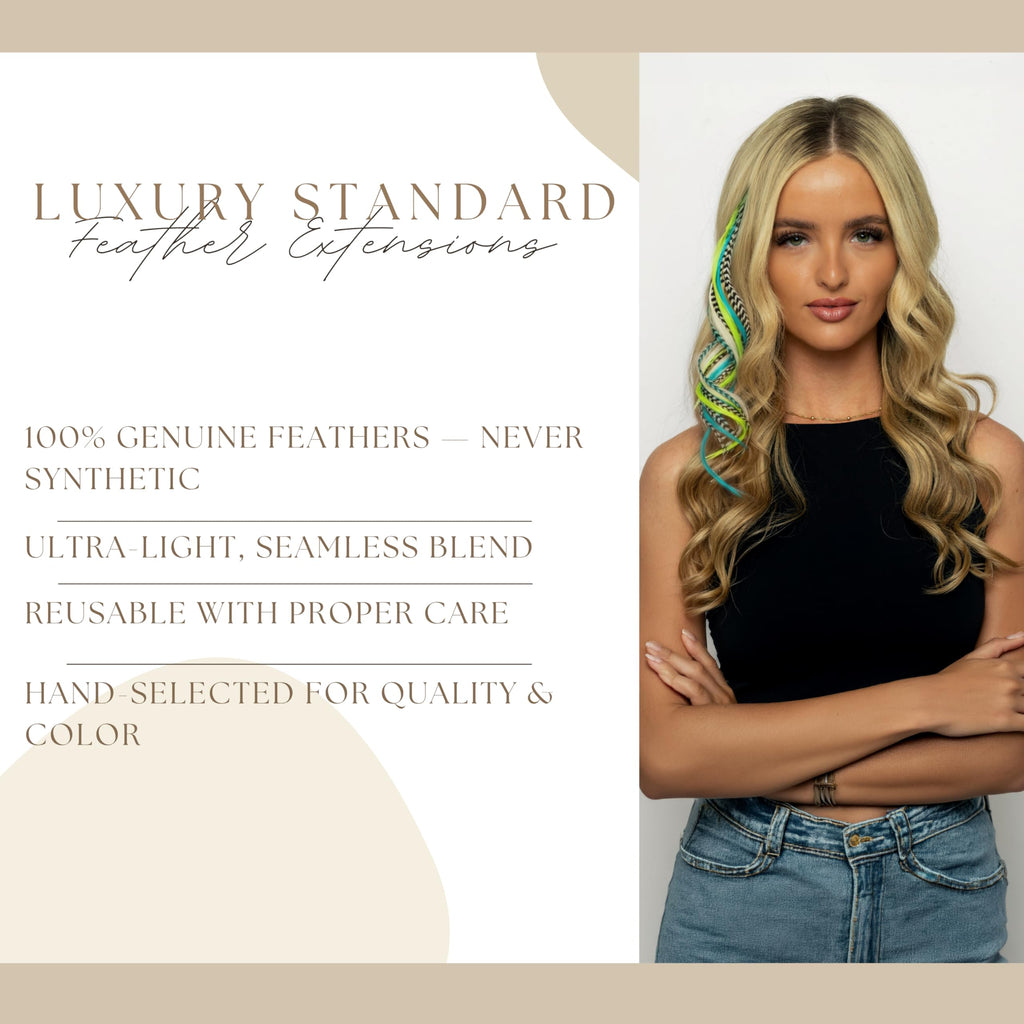 Eco-friendly, genuine feather hair extensions in various natural colors. Ultra-light, reusable, and hand-selected for quality.