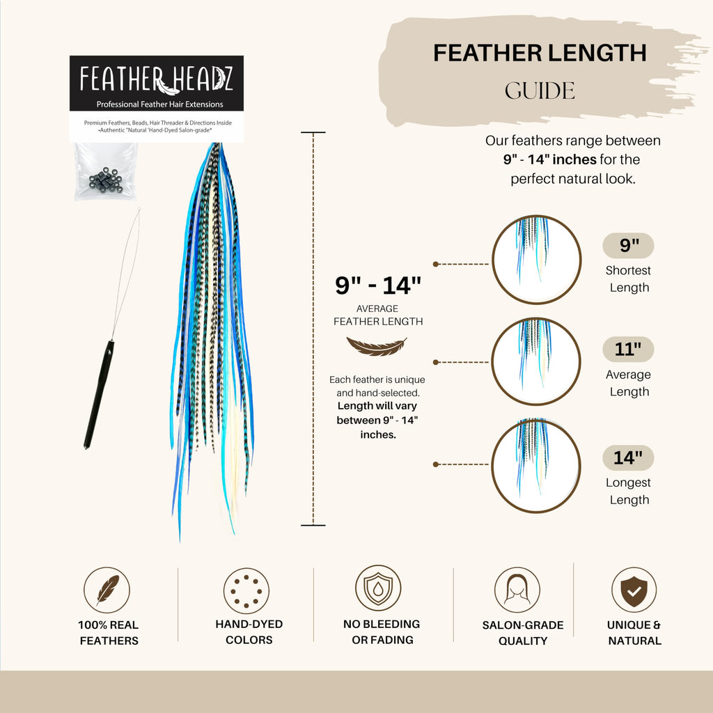 21 vibrant natural color hair extensions, 9-14 inches, featuring 100% real feathers, hand-dyed and salon-grade quality.