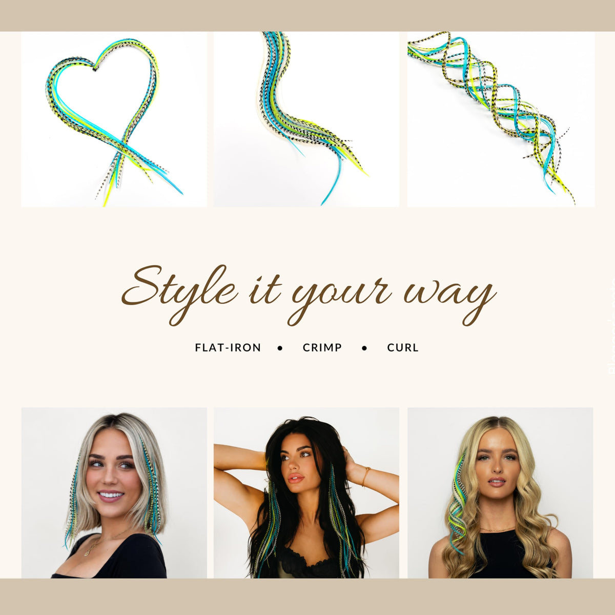 Premium imported 21 natural color hair extensions, 9”-14”, styled flat, crimped, or curled for endless looks.