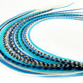 A variety of vibrant blue natural color hair extensions in lengths of 9 to 14 inches, showcasing unique textures and patterns.