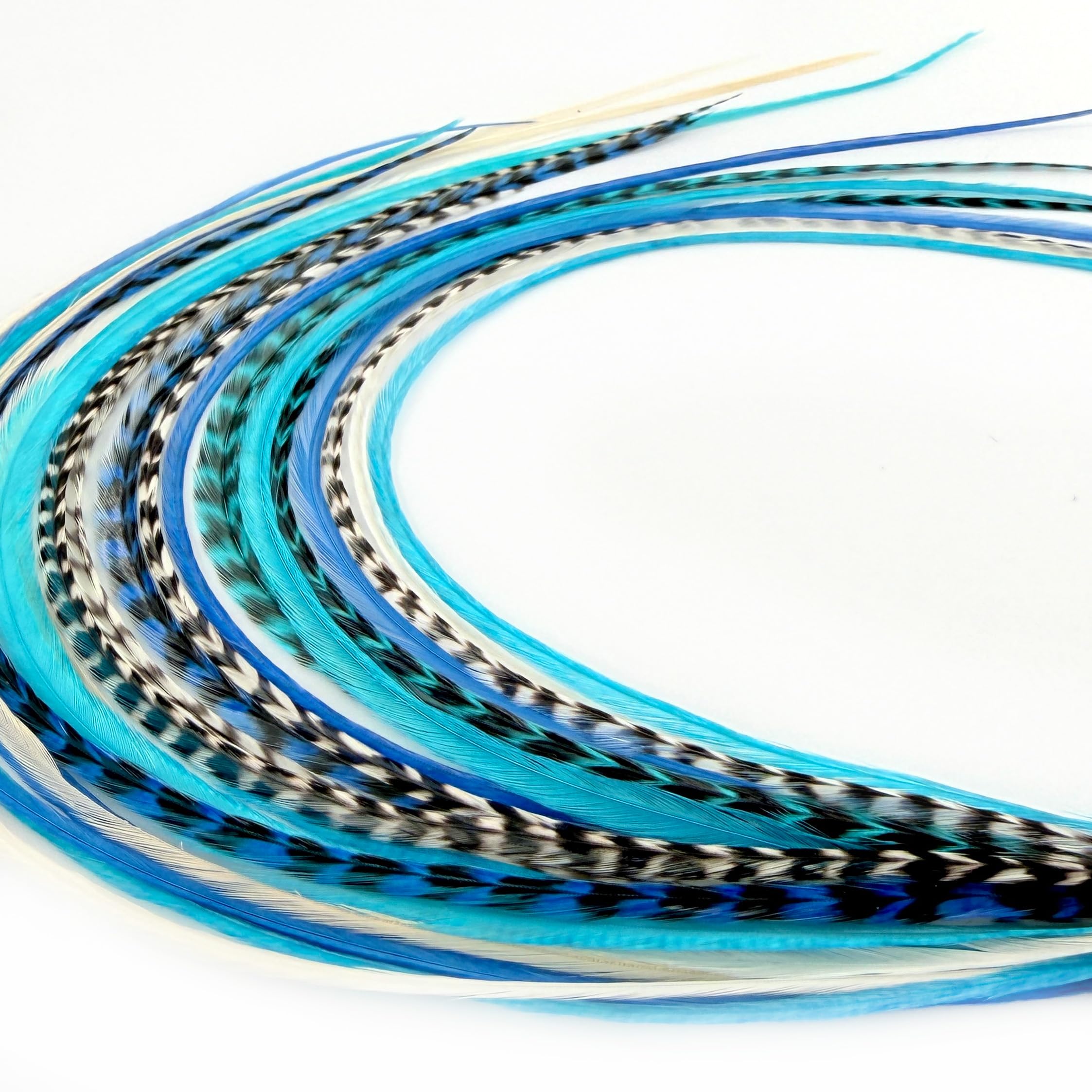 A variety of vibrant blue natural color hair extensions in lengths of 9 to 14 inches, showcasing unique textures and patterns.