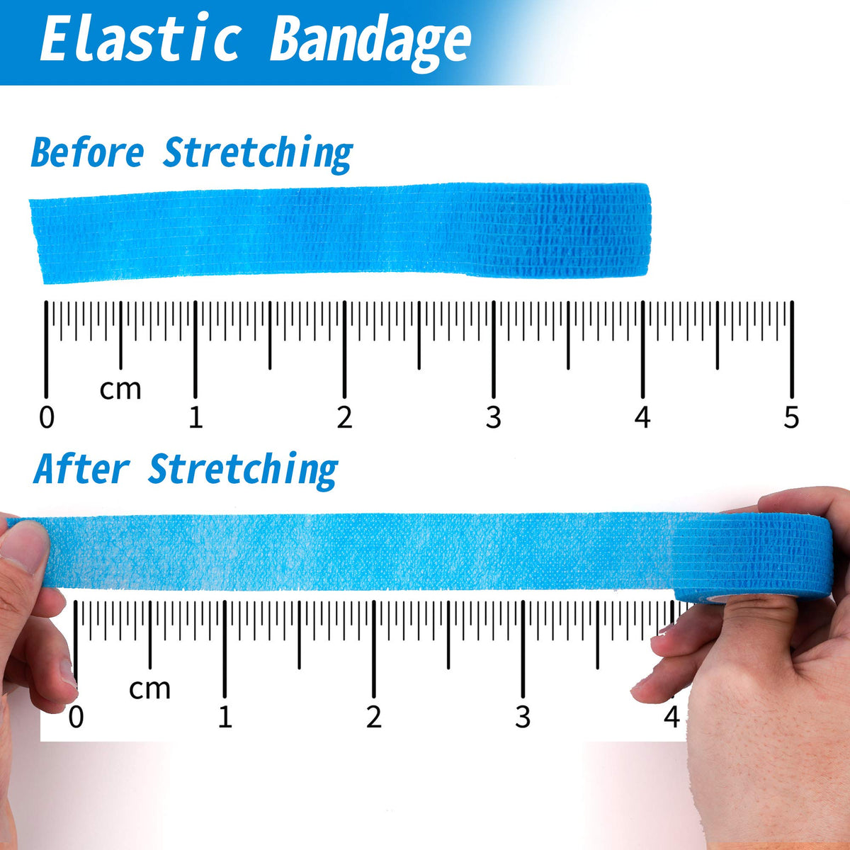 Self adherent cohesive wrap bandages shown before and after stretching, highlighting quality material. Available at Curat Cart.