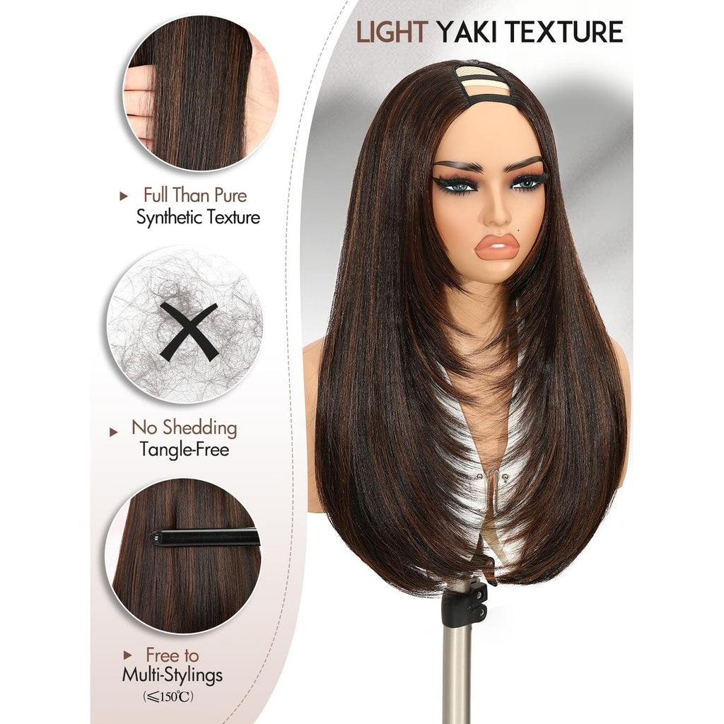 Discover this 100% genuine Yaki straight layered U-part wig. Soft, tangle-free, and perfect for versatile styling.