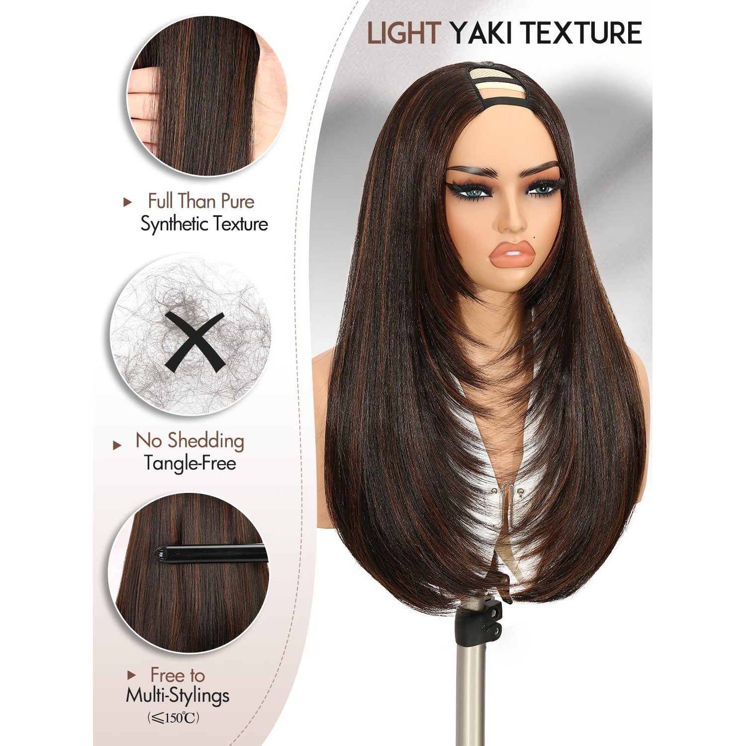 Discover this 100% genuine Yaki straight layered U-part wig. Soft, tangle-free, and perfect for versatile styling.